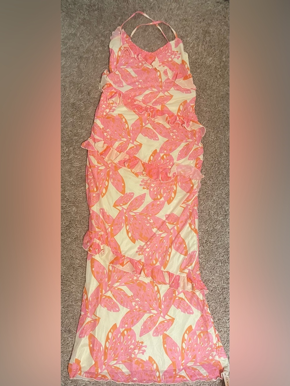 Forever 21 Pink & Coral Leaf Ruffle Maxi Dress Size Large